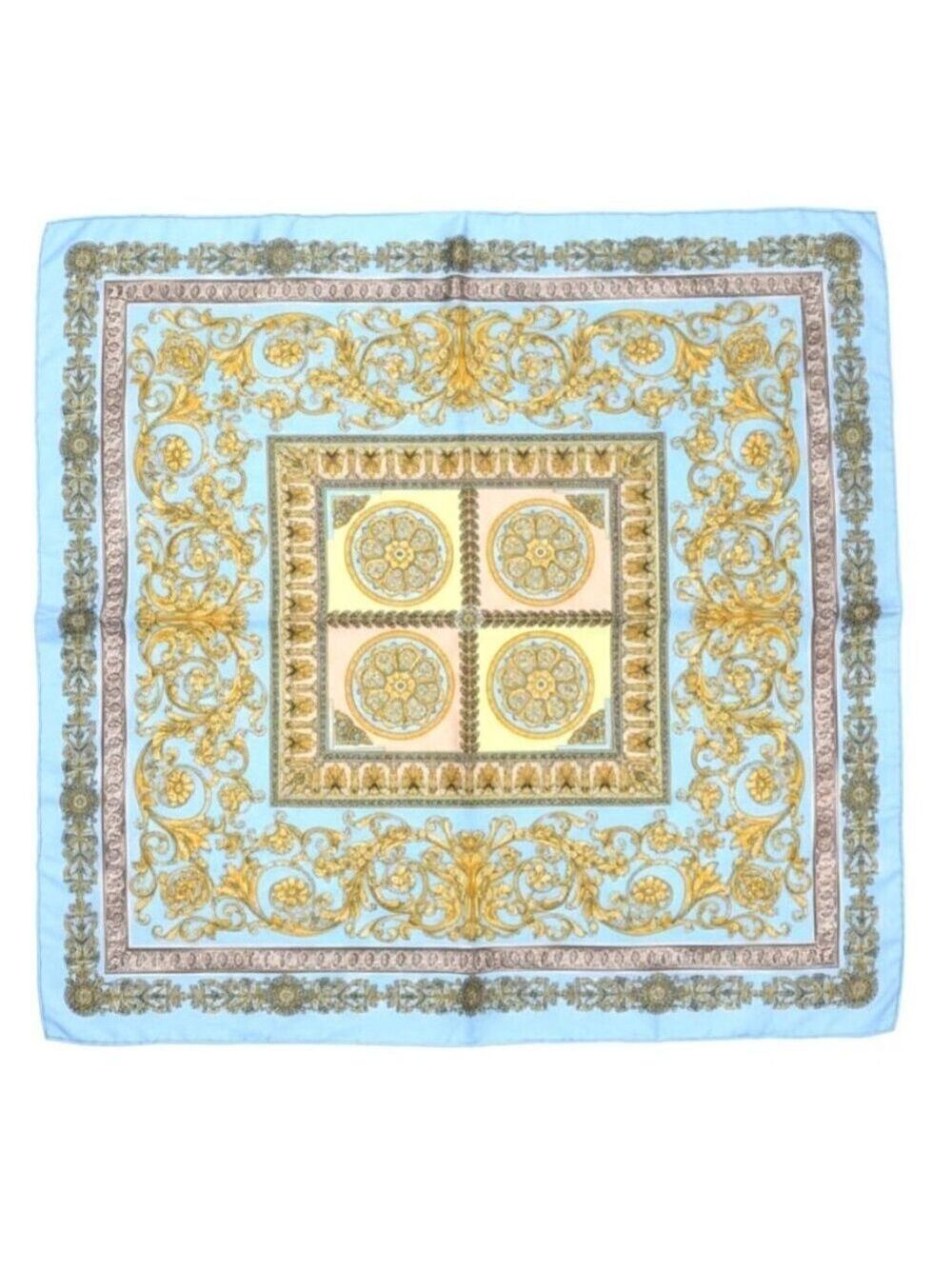 Blue Gold Baroque Satin Scarf 35 Inch Square Head Neck Hair Wrap Luxury Print